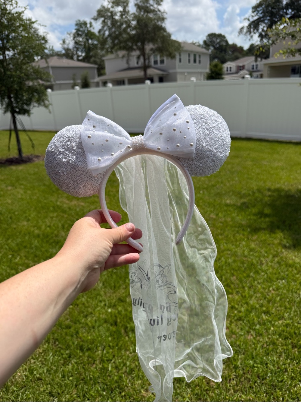 Disney White Sequin Minnie Ears Headband with Pearl Bow & Veil